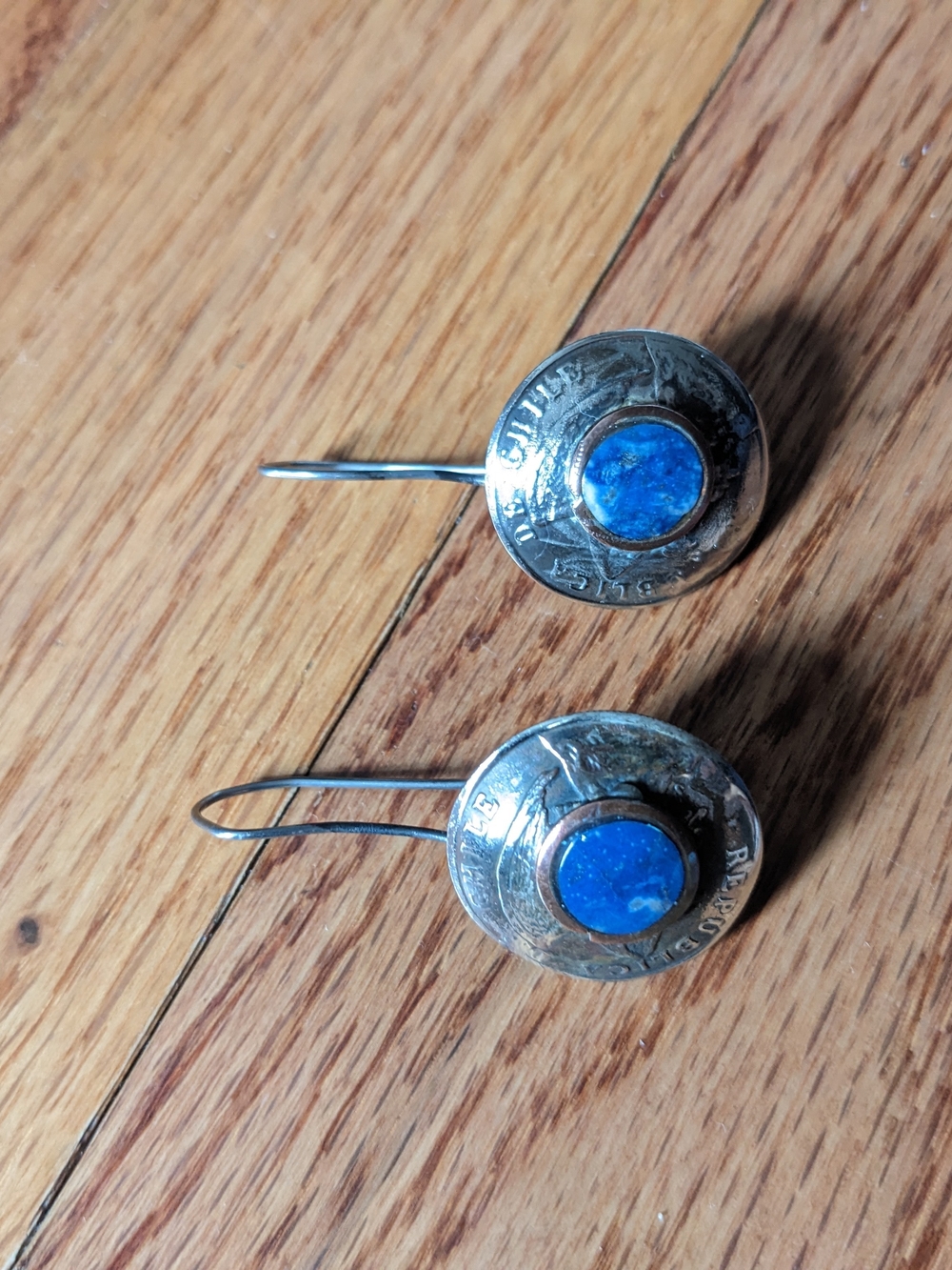 Handcrafted Silver Drop Earrings with Blue Stone Accent